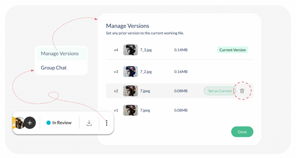 An image show steps to deleting a file version within a workflow in ButtonShift
