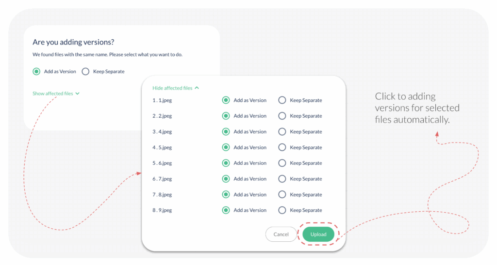 An image showing auto-detecting duplicate file, prompting version creation inside a ButtonShift board.