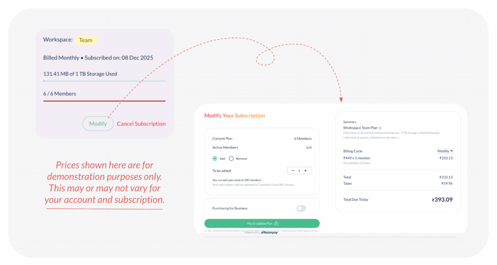 An image showing modifying team plan subscription to add a member in ButtonShift.