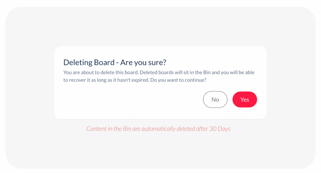 An image showing confirmation pop-up on initiating deletion of a ButtonShift Board