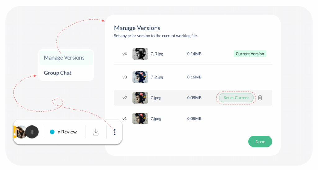 Setting a previous version of a file as the current version in ButtonShift.