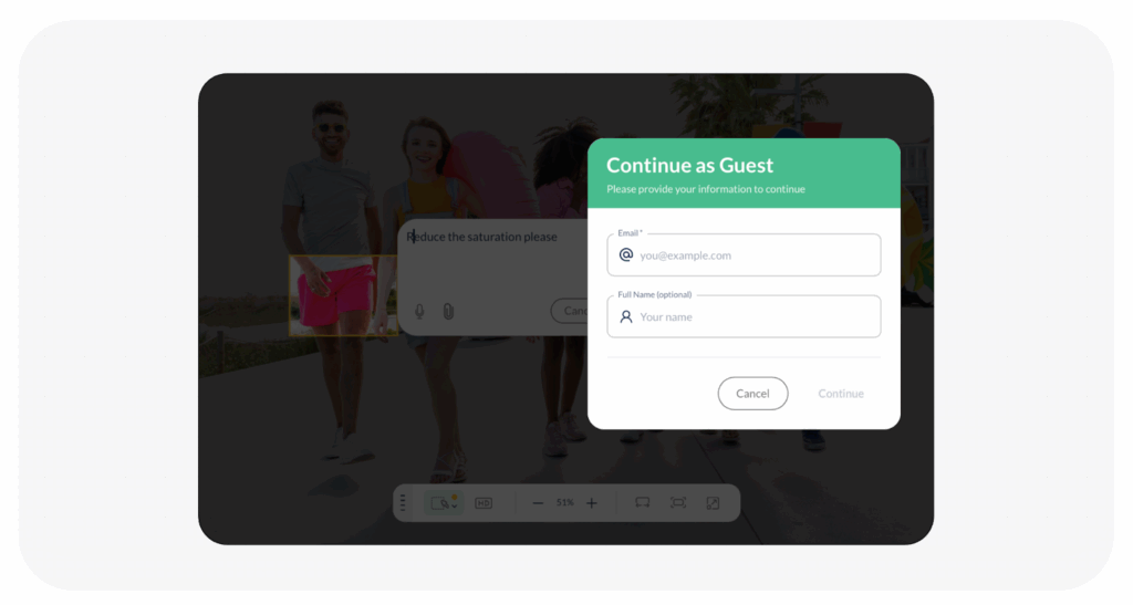 Guest adding feedback on an image in ButtonShift without having to sign in.