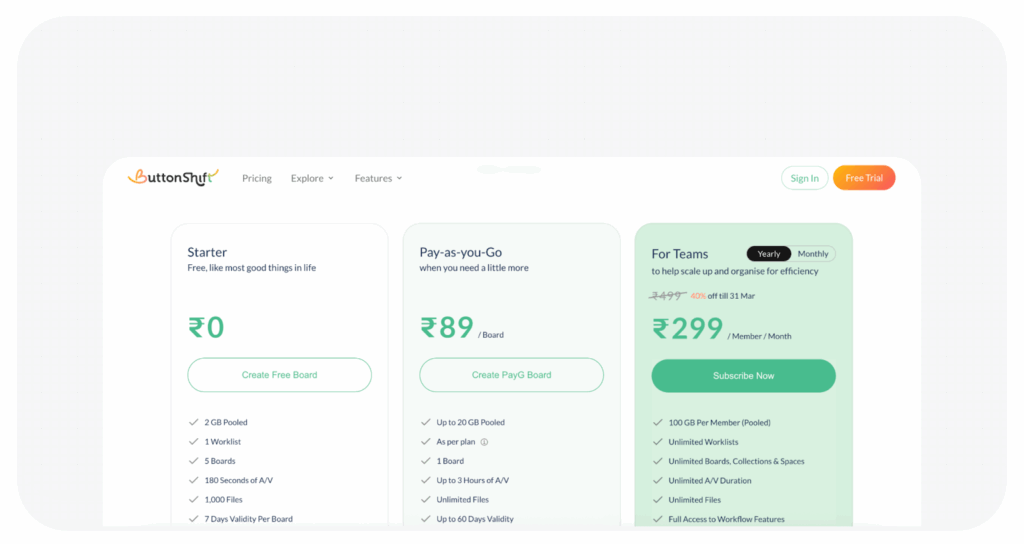 An image showing the Pricing Page of ButtonShift.