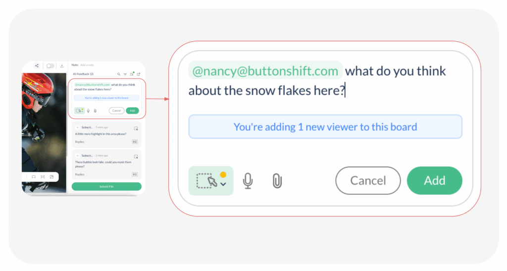 Tagging a user to add them as a viewer in ButtonShift.